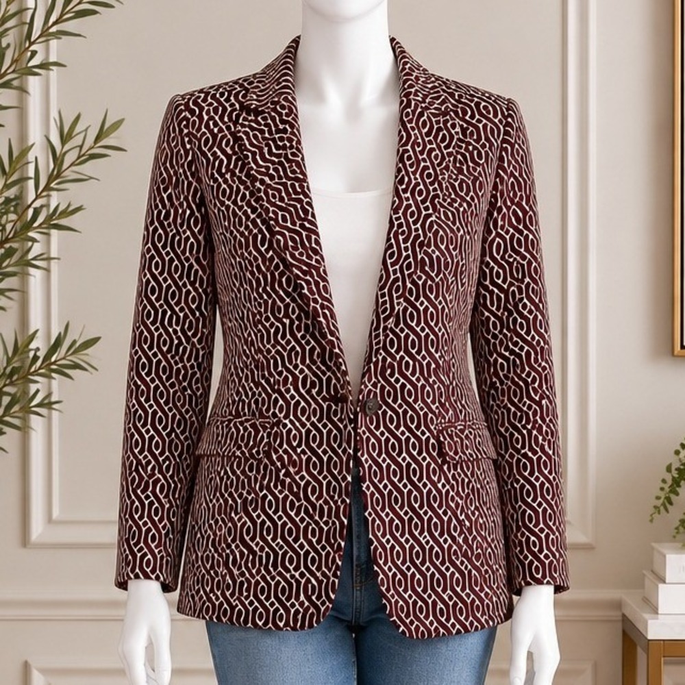 GP & J Baker x H&M Womens Blazer Burgundy Geometric Link Print Size 6